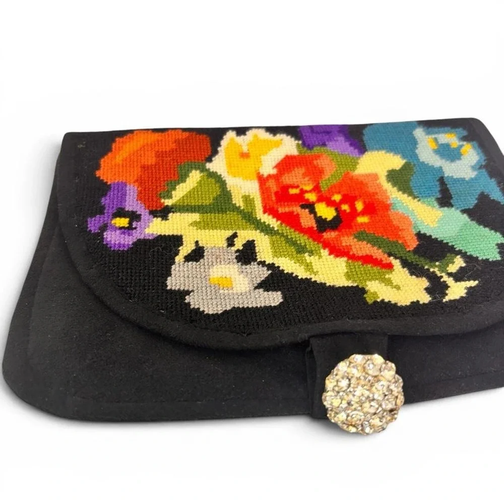 Vintage Bright Colorful Floral Needlepoint Rhinestone Clutch